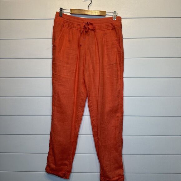 Victoria Secret Linen Pants Size 8 Orange Drawstring Pockets Cuffed 30"L Beach - Picture 2 of 9